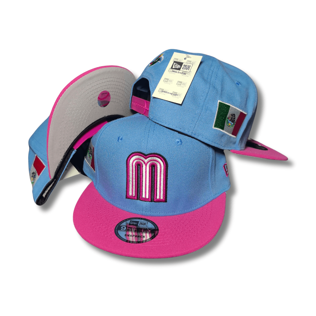 Mexico Baseball Light Blue and Pink with Embroidered Logo and Flag Patch – Snapback Cap