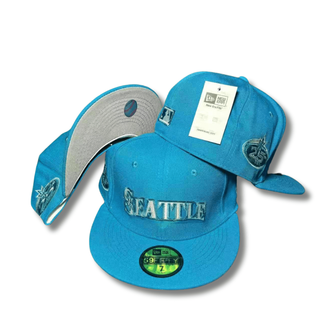 Seattle with Embroidered Script and Side Patch Teal – Fitted Cap