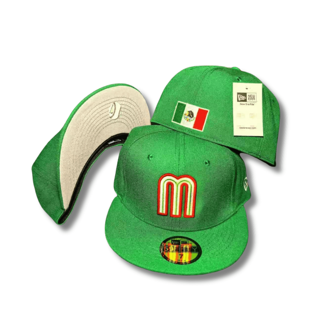 Team Mexico with Embroidered Logo and Mexican Flag Patch Green – Fitted Cap