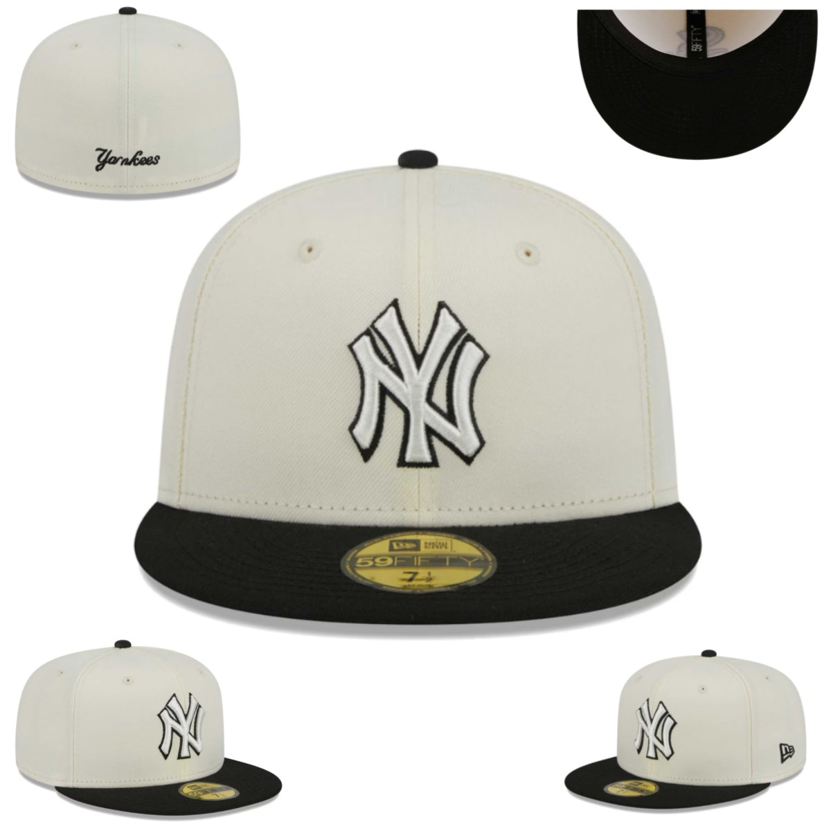New York Yankees White and Black Fitted Hat with Embroidered Logo