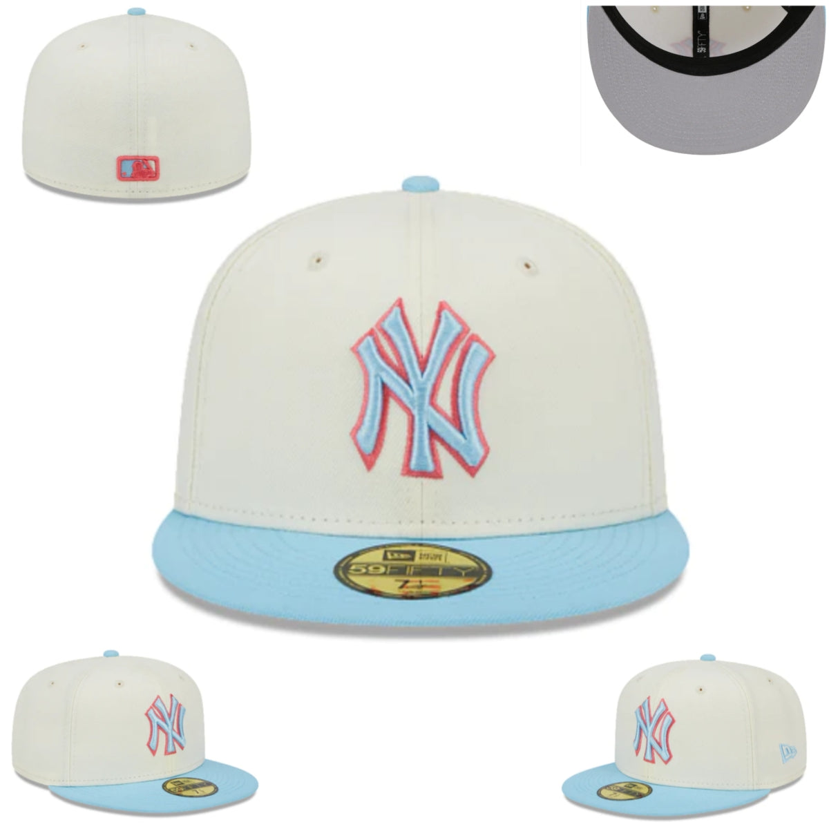 New York Yankees Fitted Hat – Cream with Light Blue Brim and Red Outlined Logo